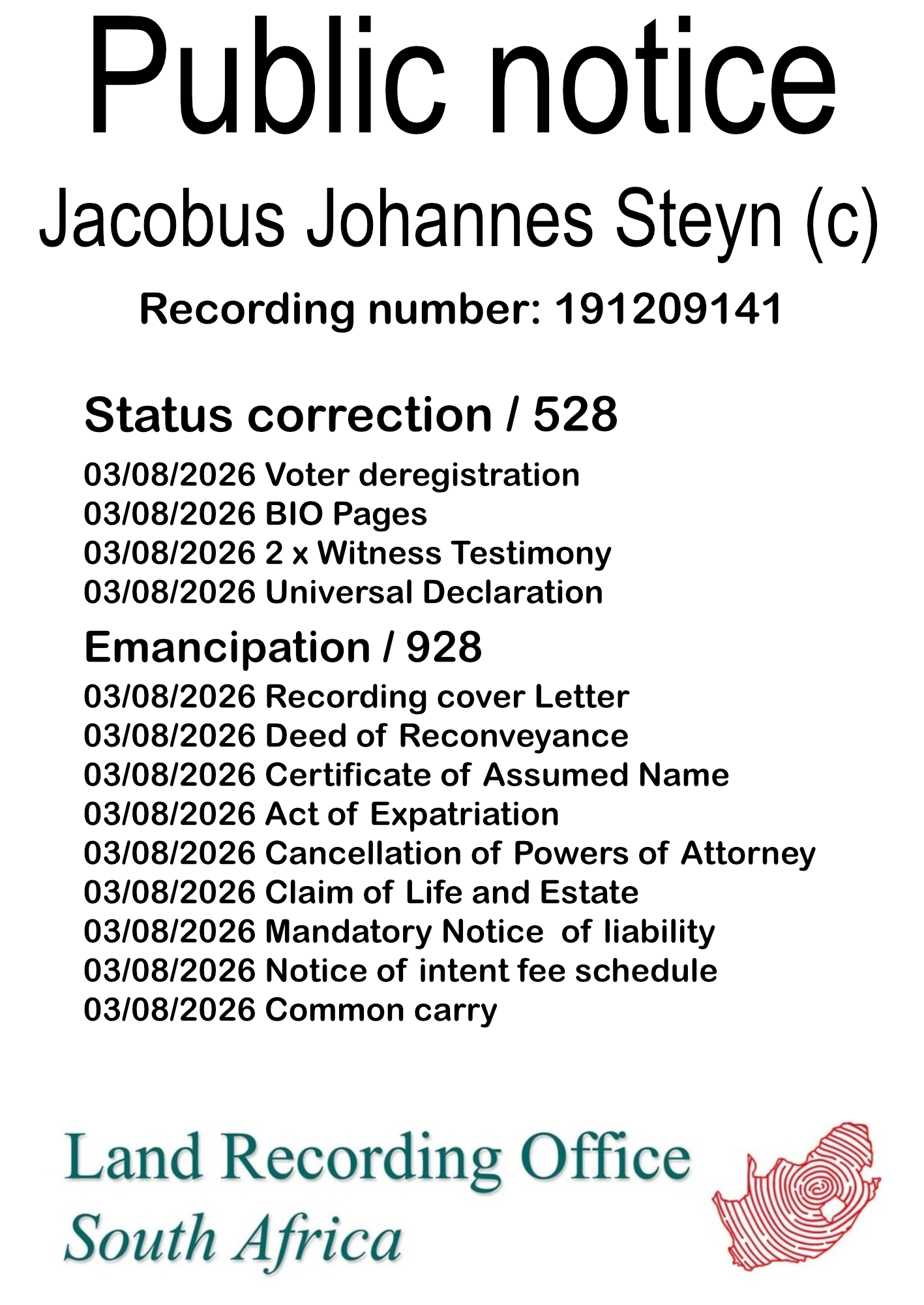 Public notice Jacobus Johannes Steyn Recording number 191209141